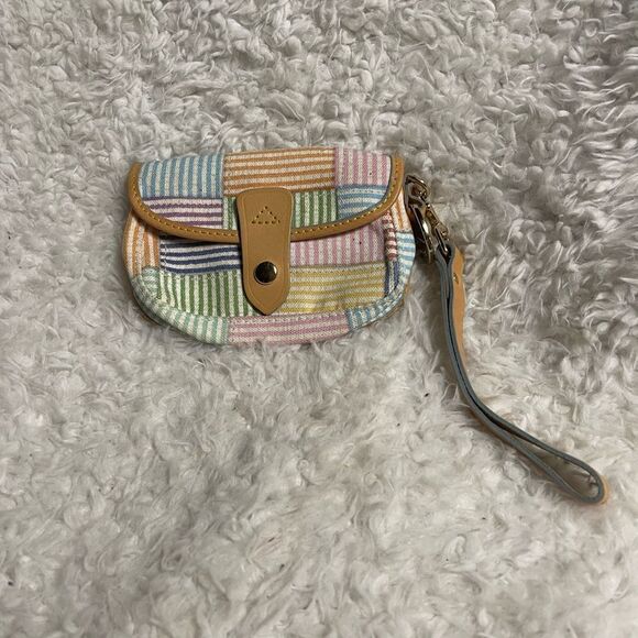 Dooney & Bourke pastel multi color Striped Wristlet tan leather strap. - Picture 2 of 7